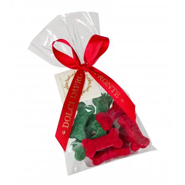 Sachet Biscuit artisanal Os vert & rouge pour chien 
